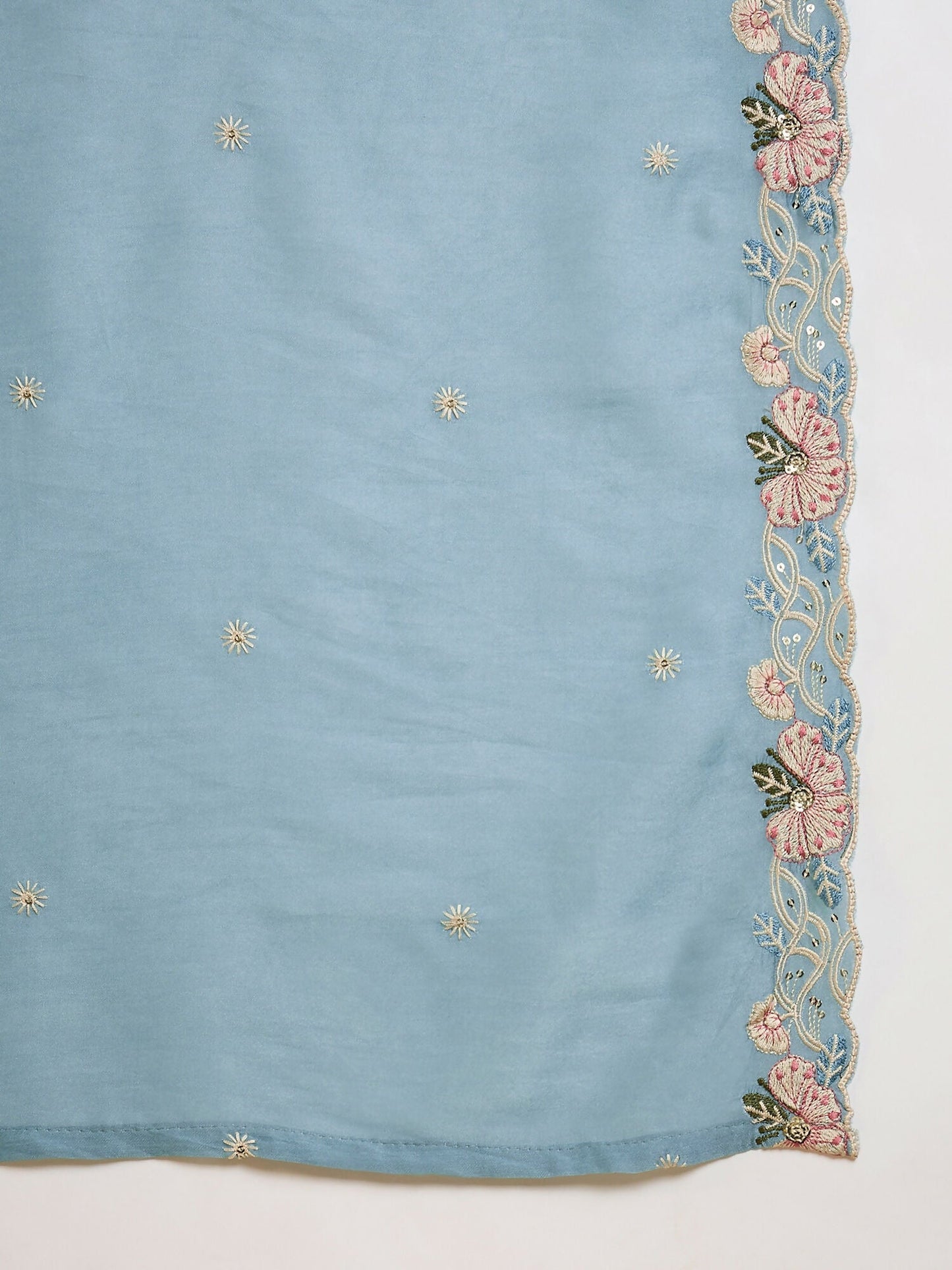 The52 Women's Beautiful Embroidery Work Silk Fabric Flared Kurta Pant and Dupatta Set-Sky