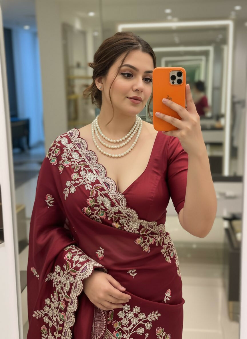 Teeya Creation New Trendy Party Wear Soft Silk Saree-Maroon