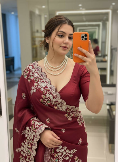 Teeya Creation New Trendy Party Wear Soft Silk Saree-Maroon