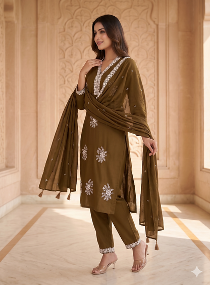 Teeya Creation Vibrant Gold Embroidered Kurti with Pant and Dupatta Set
