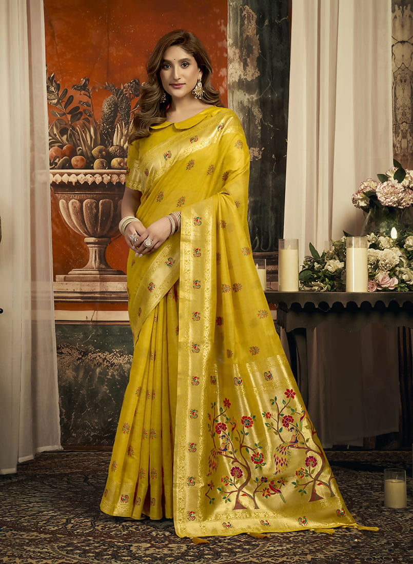 Monjolika Fashion Mustard Kota Silk Blend Paithani Saree with Meenakari Floral Bootis