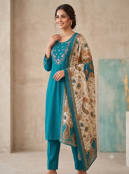 Teeya Creation Women Rama Green Embroidered Kurta Pant Set With Dupatta