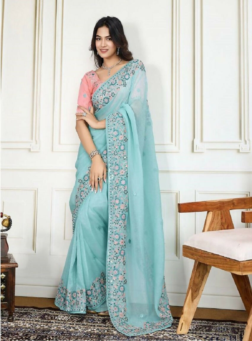 Teeya Creation New Trendy Stylish Wedding Wear Crunchy Silk Saree-Aqua_Blue