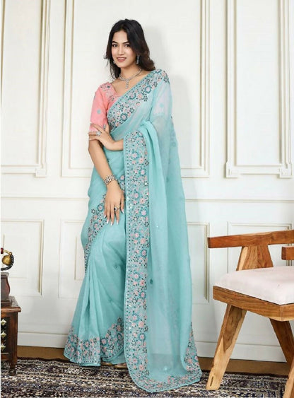 Teeya Creation New Trendy Stylish Wedding Wear Crunchy Silk Saree-Aqua_Blue