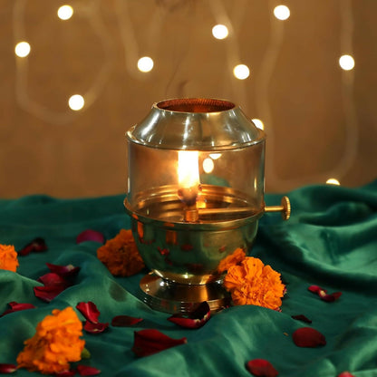 Not Available Pure Brass Akhand Jyot Diya with Borosilicate Glass Cover