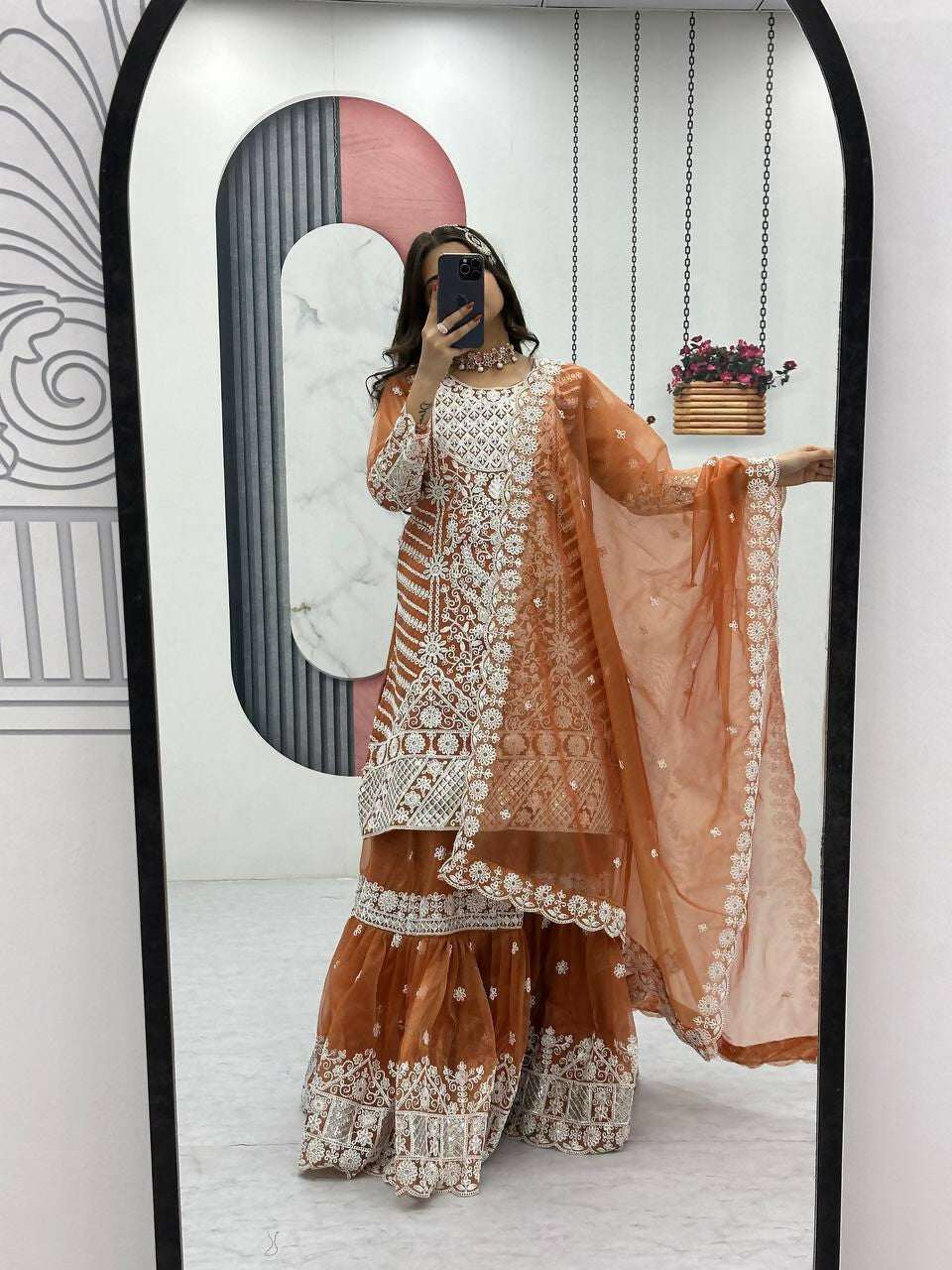 Teeya Creation Womens New Trendy Heavy Embroidery Sequence Work Orange Kurta Set