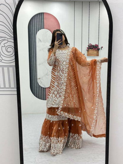 Teeya Creation Womens New Trendy Heavy Embroidery Sequence Work Orange Kurta Set