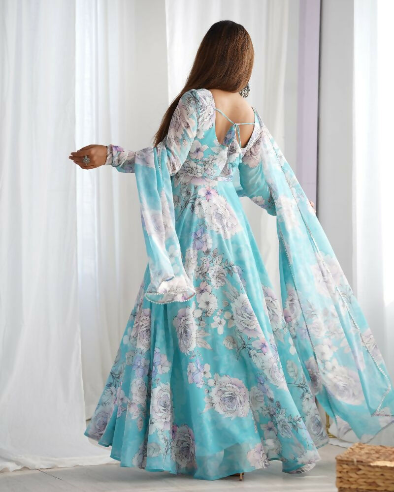 The52 Women's Gorgeous Printed Fox Georgette Fabric Flared Anarkali and Dupatta Set