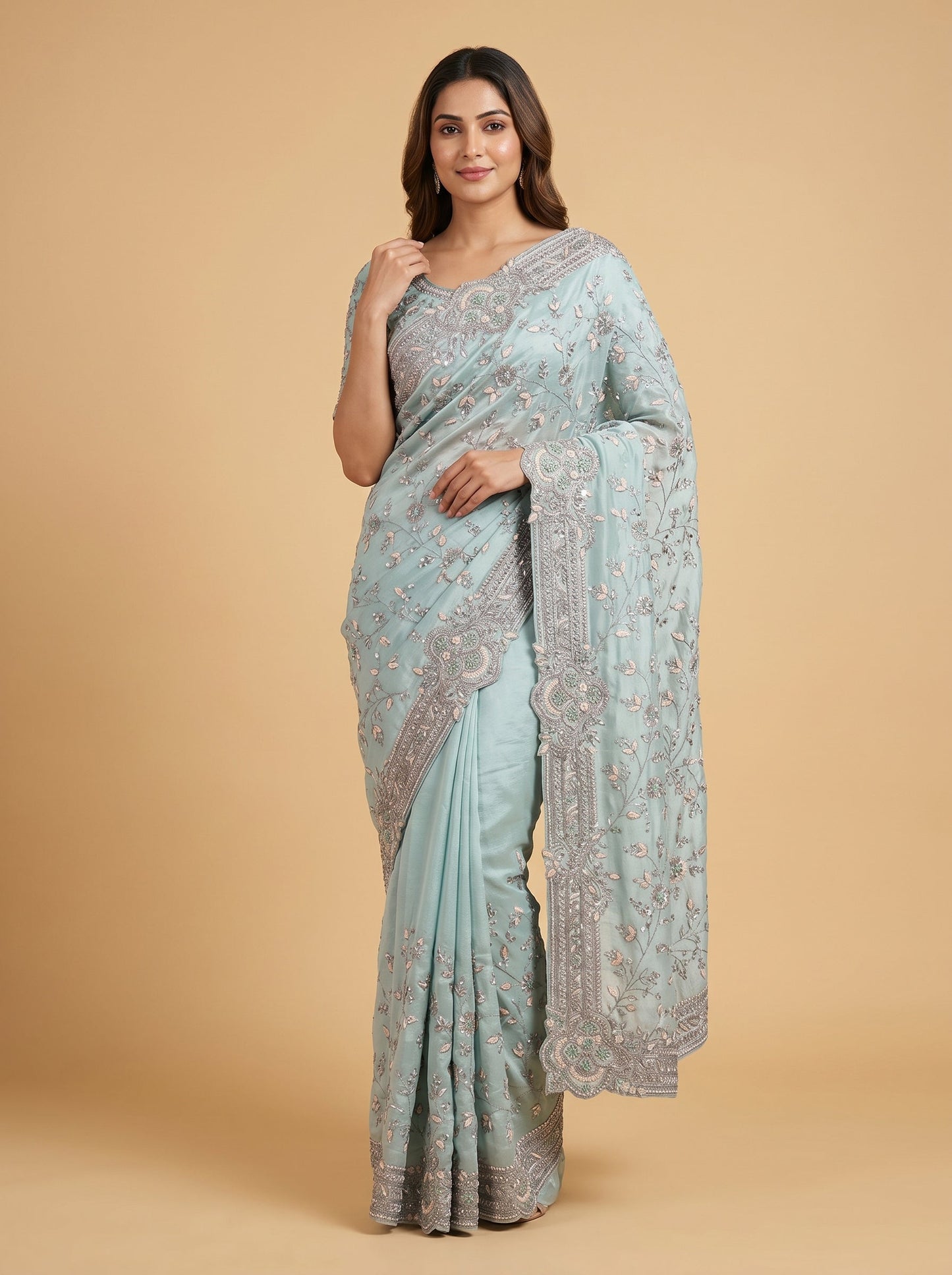 Ice Blue Frosted Glow Embroidered Saree