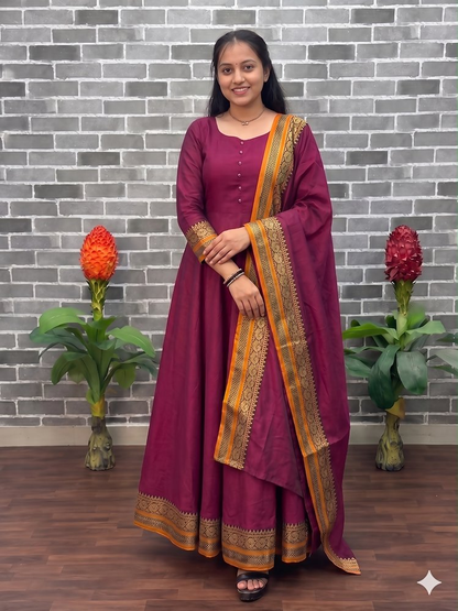 Teeya Creation New Trendy Stylish Wine Solid Anarkali Kurta with Traditional Golden Border Dupatta Set