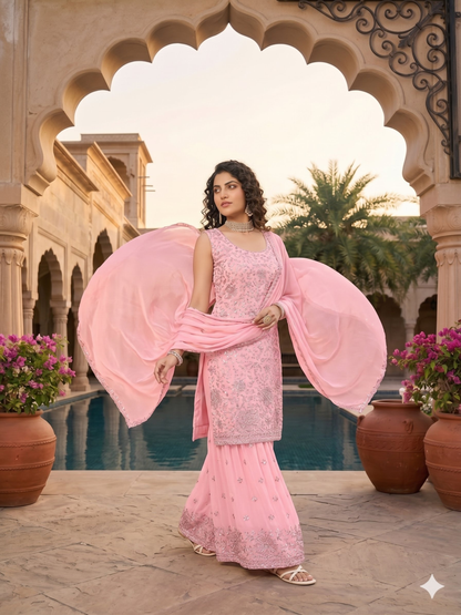 Teeya Creation Womens Georgette Pink Embroidered Sharara Set With Sequence Work And Lace Border Dupatta