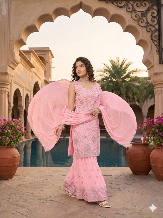 Teeya Creation Womens Georgette Pink Embroidered Sharara Set With Sequence Work And Lace Border Dupatta