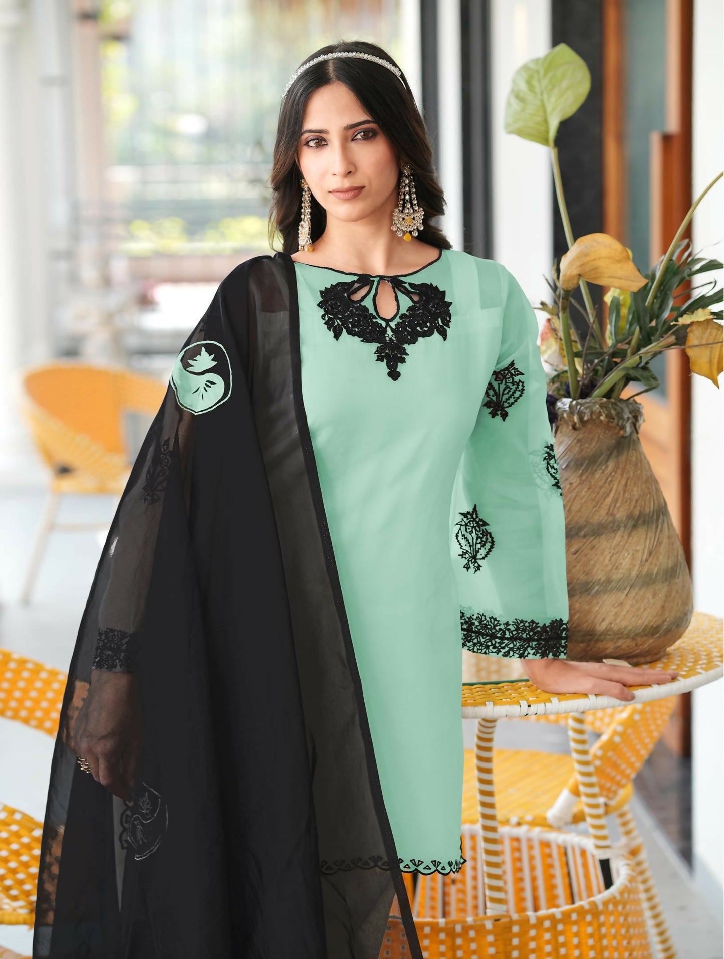 Nikhaar Light Green Embroidered Organza Stitched Straight Cut Kurta Farshi Salwar Dupatta Readymade Suit