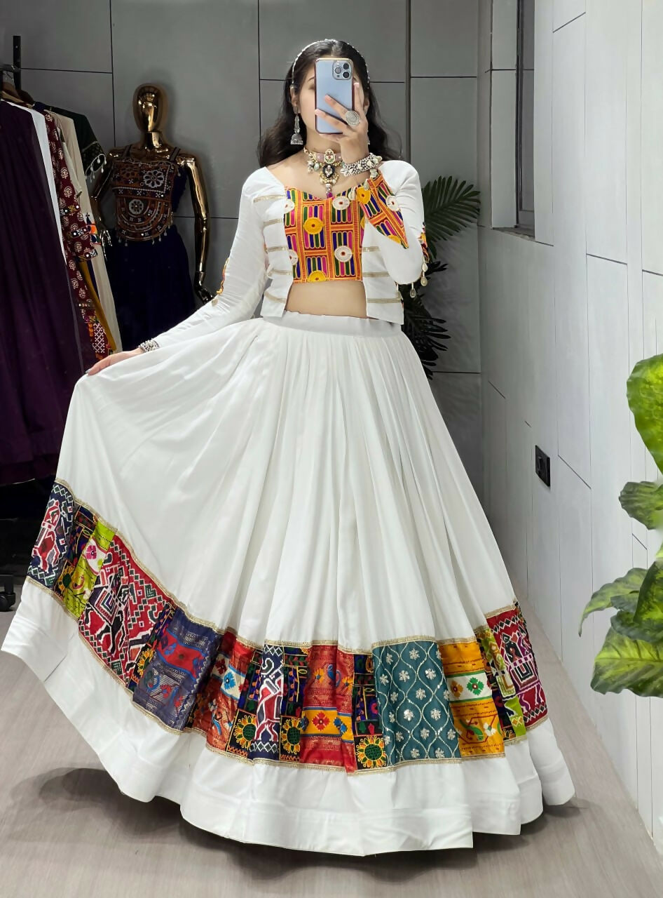 Yash Enterprise White Rayon Cotton Embroidery Semi Stitched Navratri Chaniya Choli