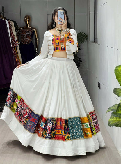 Yash Enterprise White Rayon Cotton Embroidery Semi Stitched Navratri Chaniya Choli