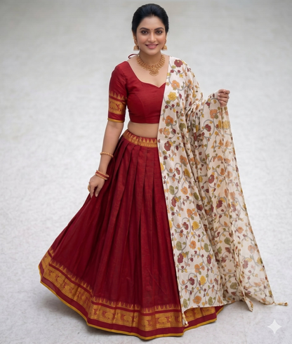 Teeya Creation Womens New Trendy Red Traditional Pleated Lehenga Choli Set with Floral Printed Dupatta and Contrast Zari Border Set