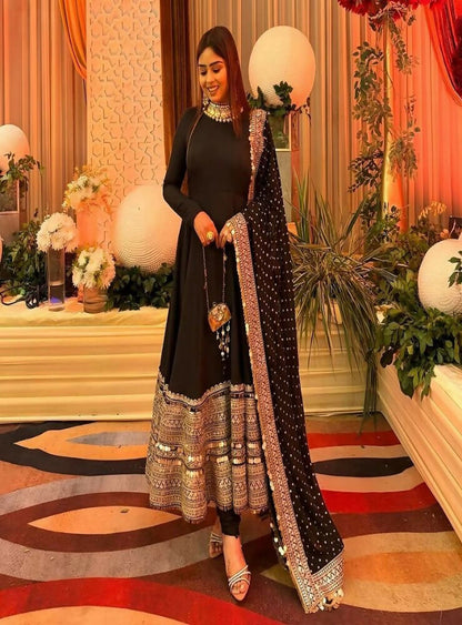 Teeya Creation Womens New Trendy Latest Elegant Burnt Orange Floor-Length Anarkali Suit with Heavy Embroidered Border and Matching Dupatta