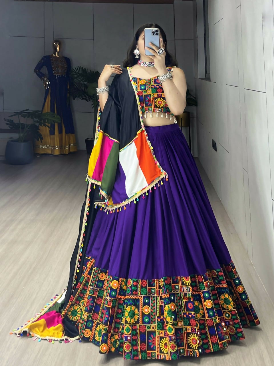Yash Enterprise Purple Rayon Cotton Embroidery Semi Stitched Navratri Chaniya Choli