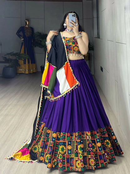 Yash Enterprise Purple Rayon Cotton Embroidery Semi Stitched Navratri Chaniya Choli