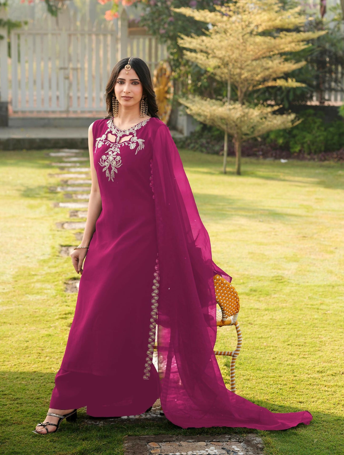 Nikhaar Magenta Embroidered Art Silk Stitched A Line Kurta Palazzo Dupatta Readymade Suit