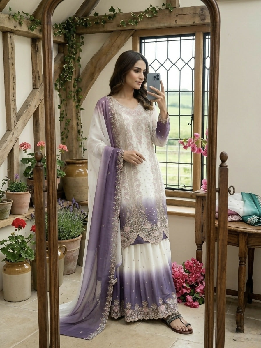 Teeya Creation New Trending Heavy Dual Tone Peding Star Georgette Purple Kurta Set