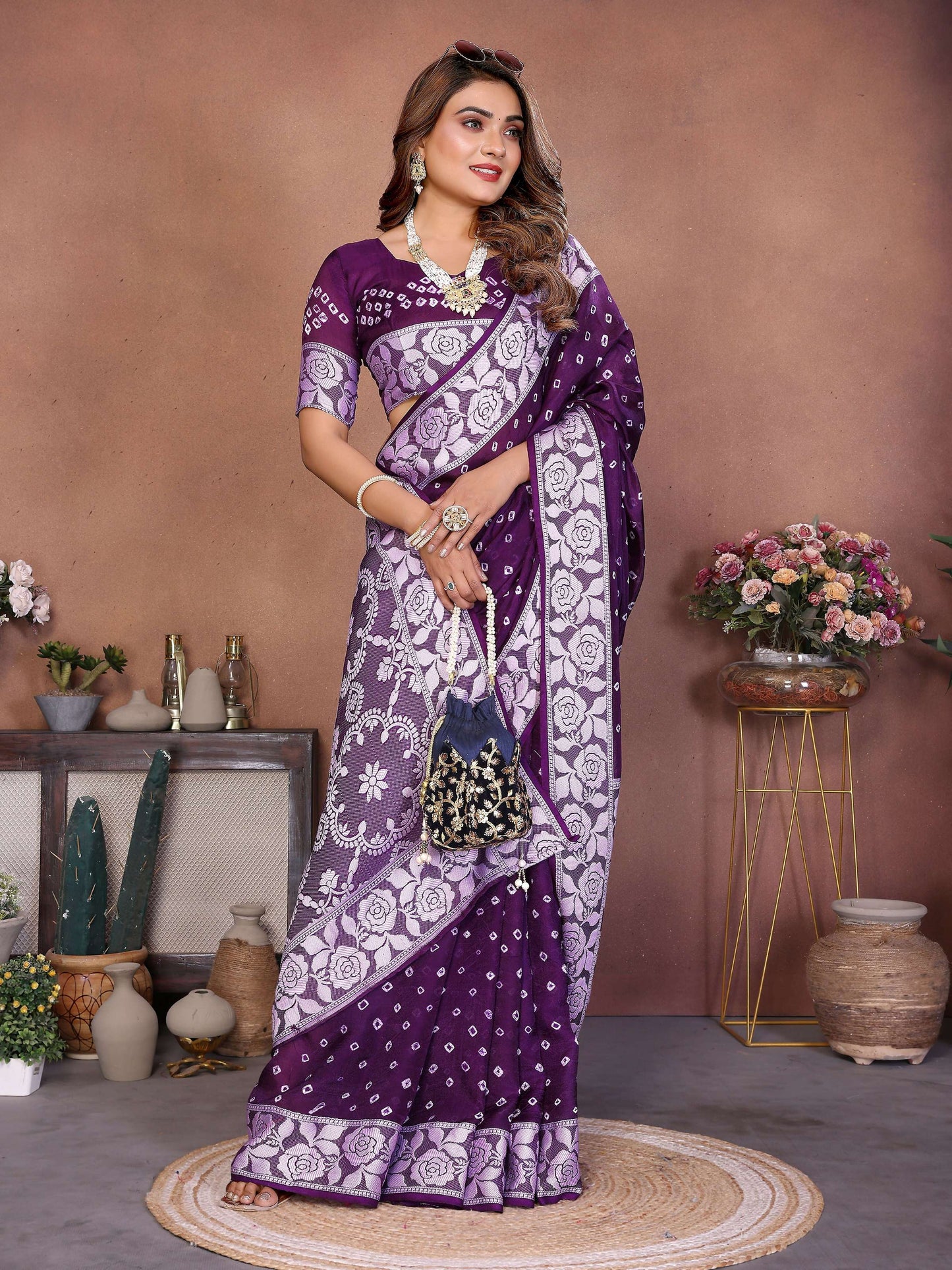 Aastha Fashion Purple Viscose Silk Handmade Original Bandhej Saree