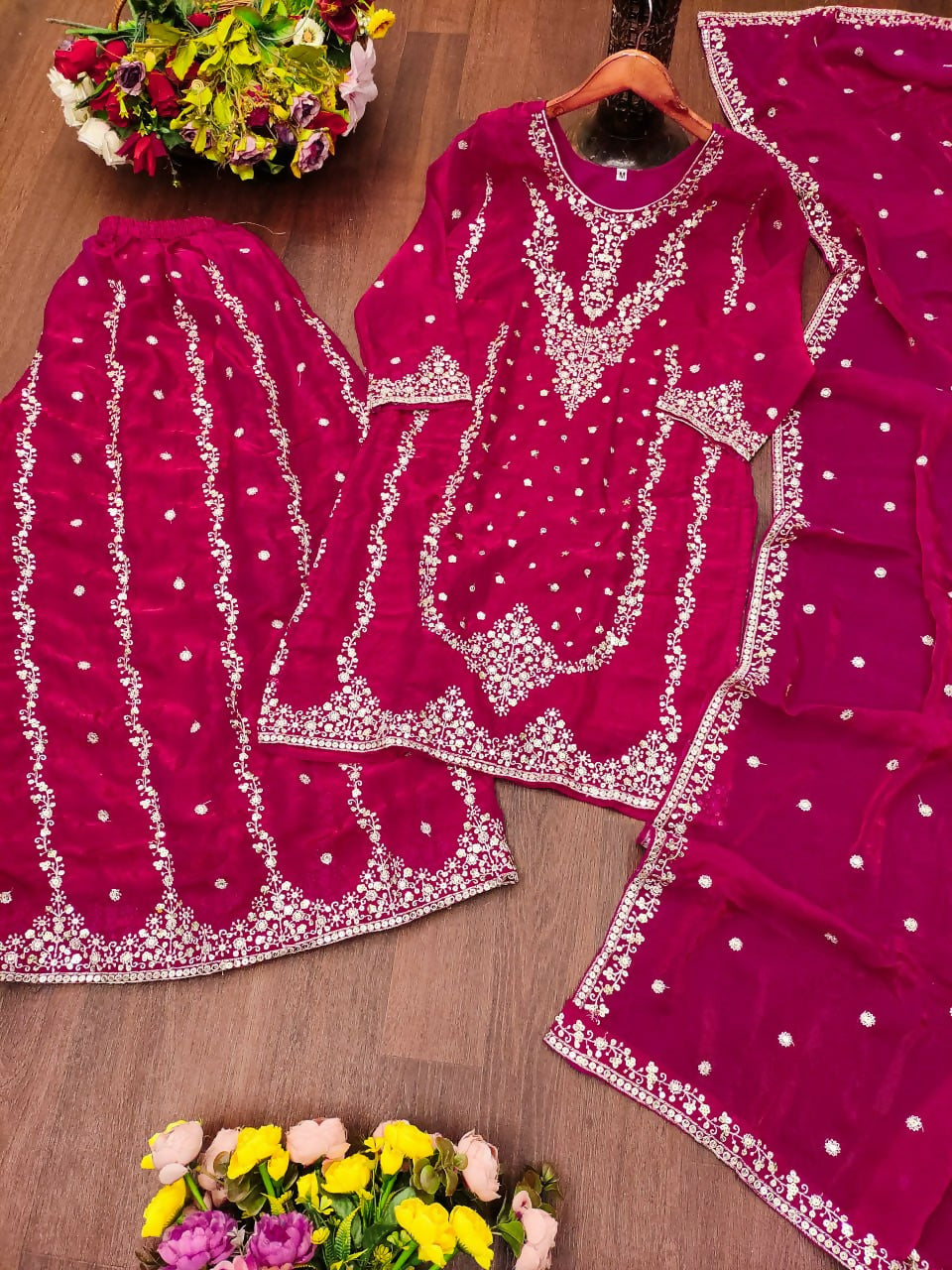 Teeya Creation Women'S Magenta Pink Faux Georgette Zari Work Kurta Sharara Set