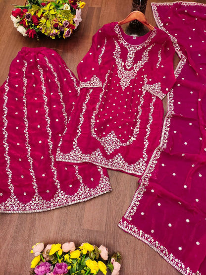 Teeya Creation Women'S Magenta Pink Faux Georgette Zari Work Kurta Sharara Set