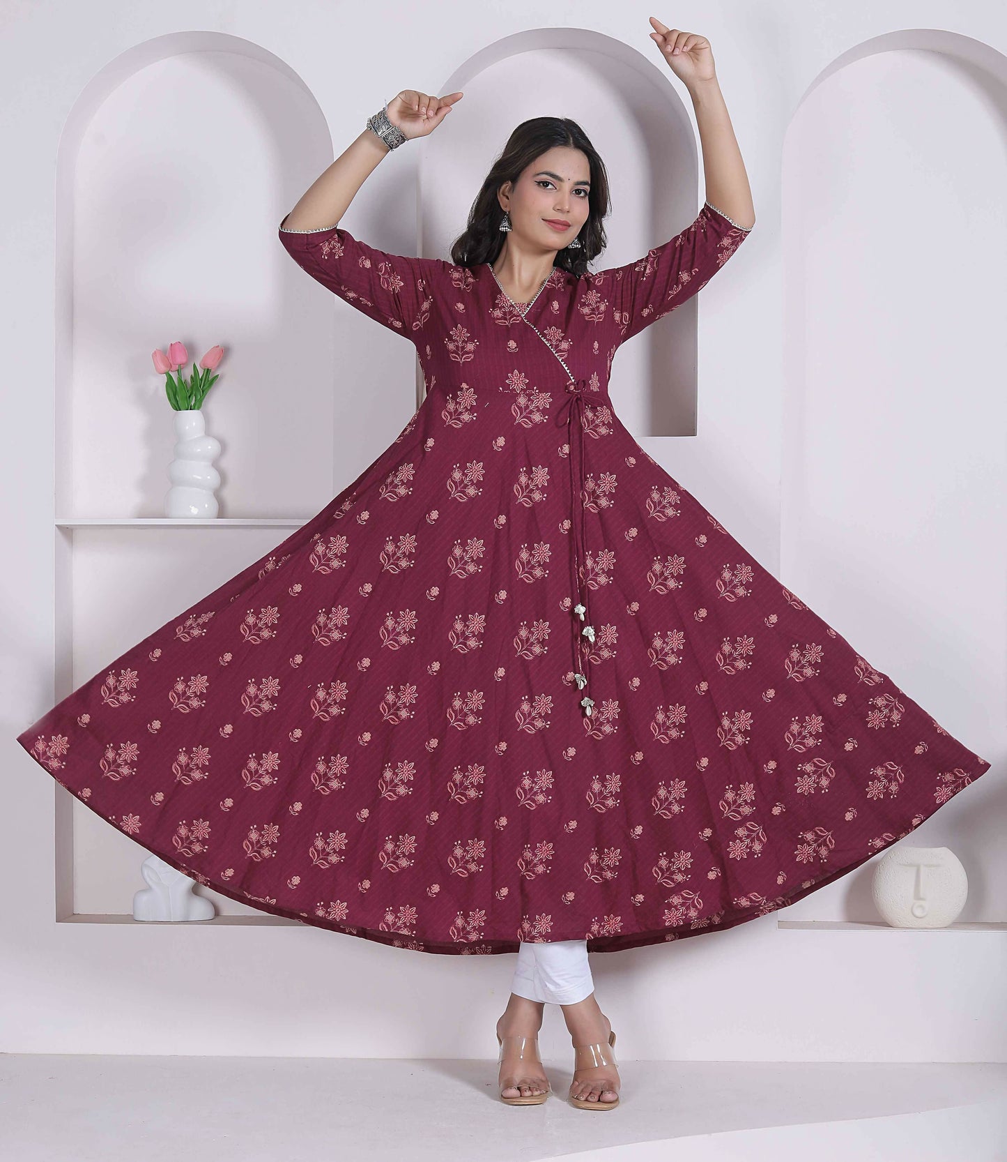 Miravan Womens Maroon Floral Printed Angrakha Style Kurta