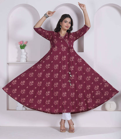 Miravan Womens Maroon Floral Printed Angrakha Style Kurta