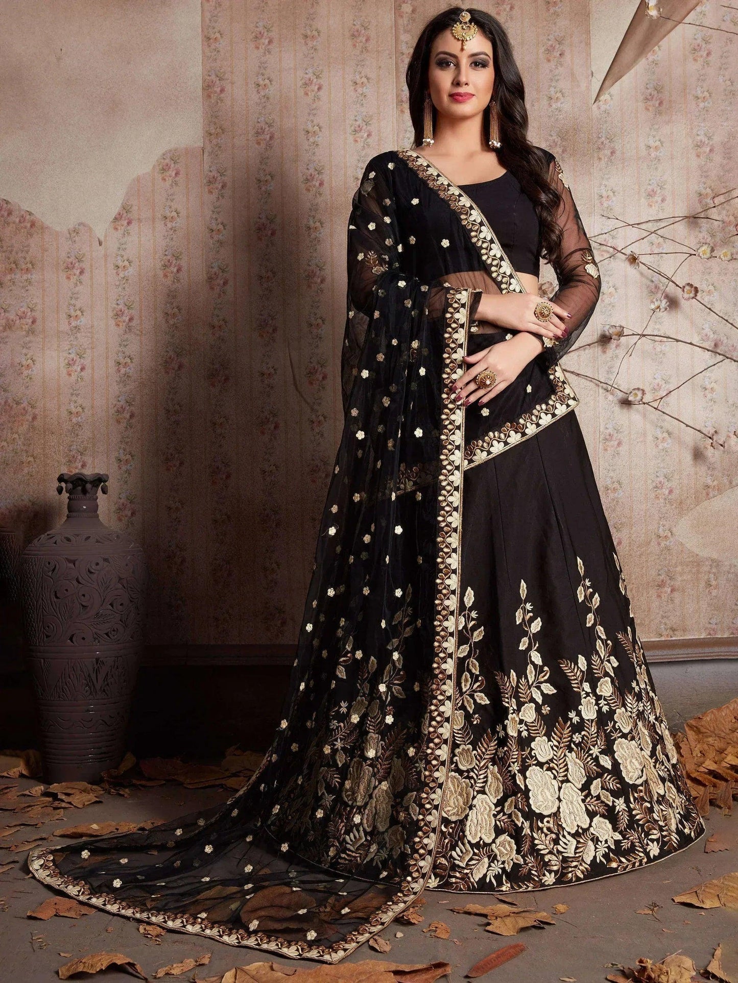 Tulsi Art Black Embroidered Crepe Silk Lehenga Choli