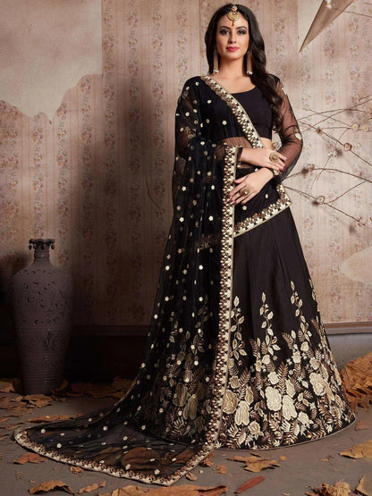 Tulsi Art Black Embroidered Crepe Silk Lehenga Choli
