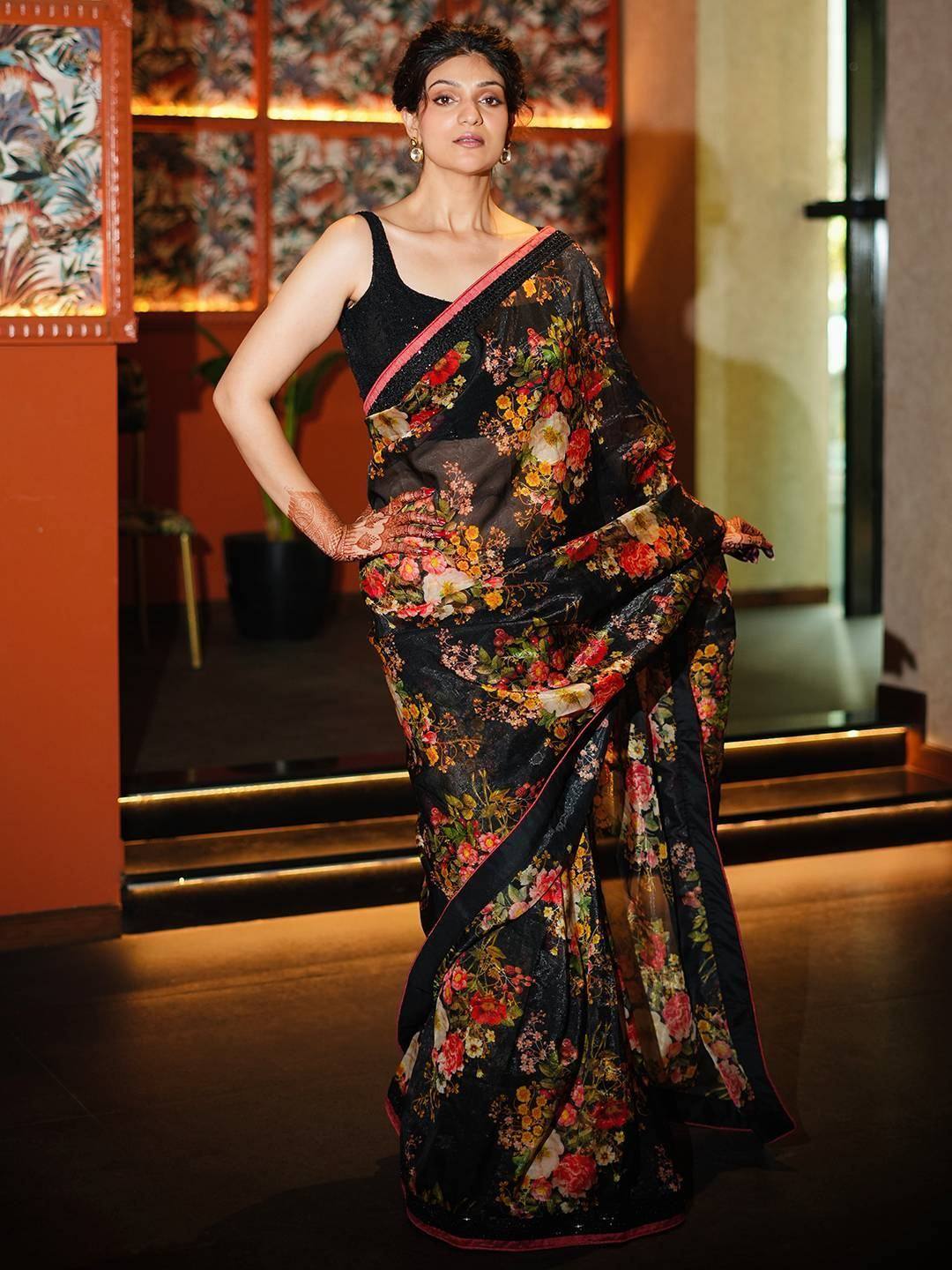 Tulsi Art Astonishing Black Floral Printed Organza Party Wear Saree With Blouse