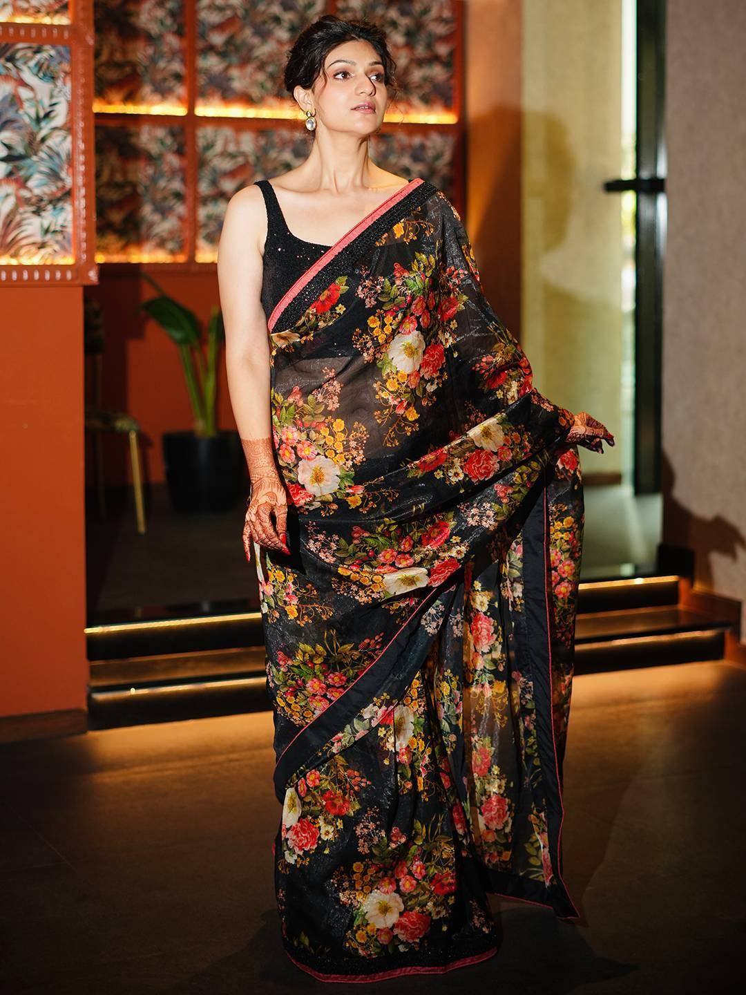 Tulsi Art Astonishing Black Floral Printed Organza Party Wear Saree With Blouse