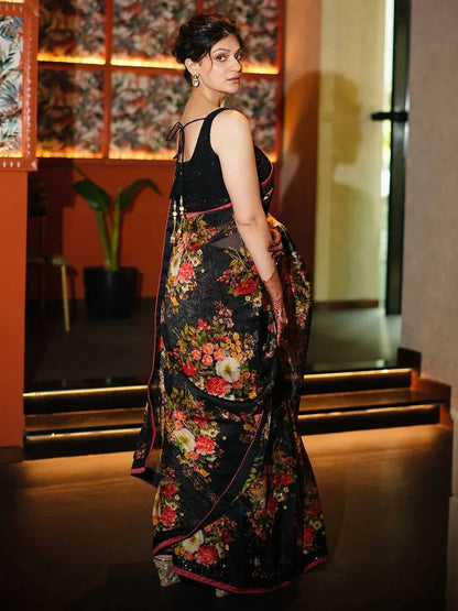 Tulsi Art Astonishing Black Floral Printed Organza Party Wear Saree With Blouse