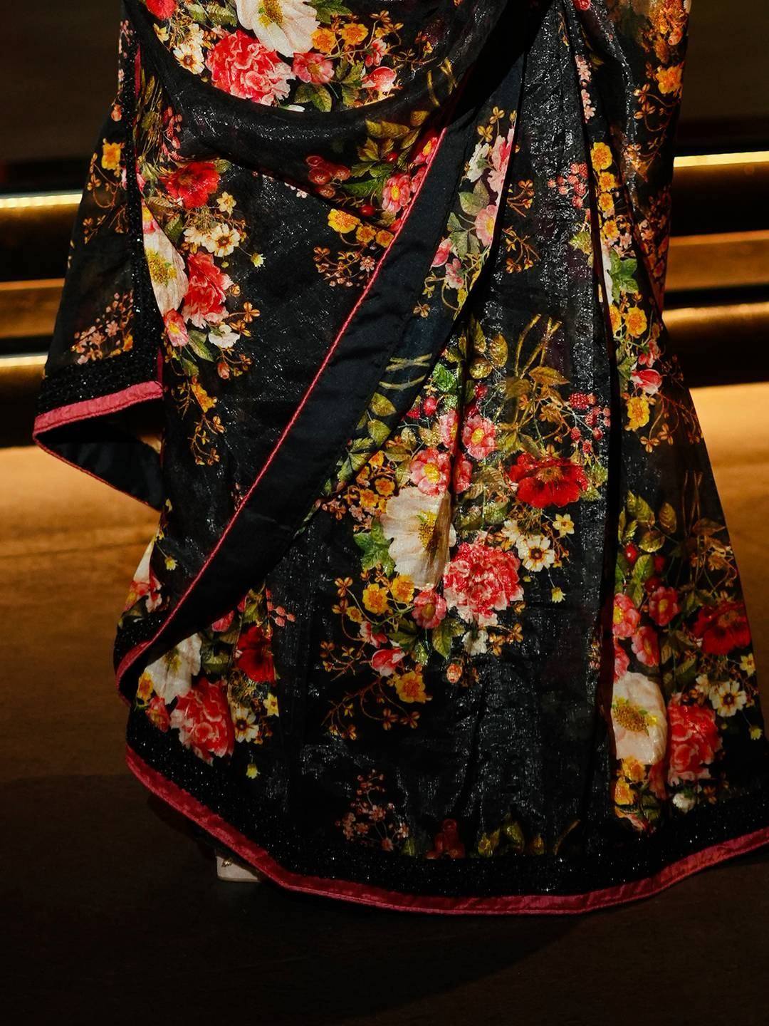 Tulsi Art Astonishing Black Floral Printed Organza Party Wear Saree With Blouse