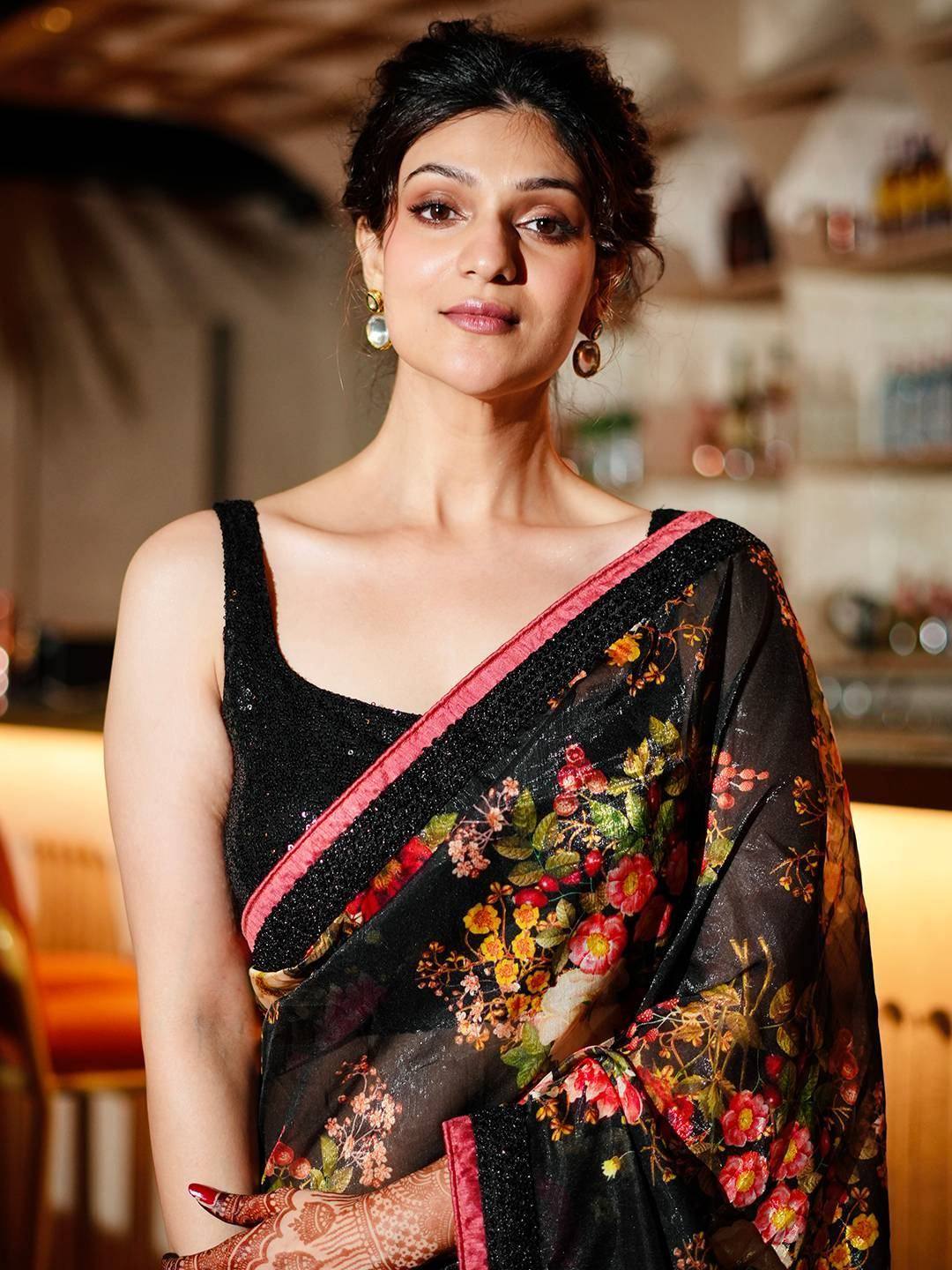 Tulsi Art Astonishing Black Floral Printed Organza Party Wear Saree With Blouse