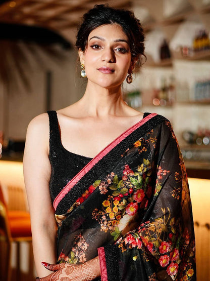 Tulsi Art Astonishing Black Floral Printed Organza Party Wear Saree With Blouse