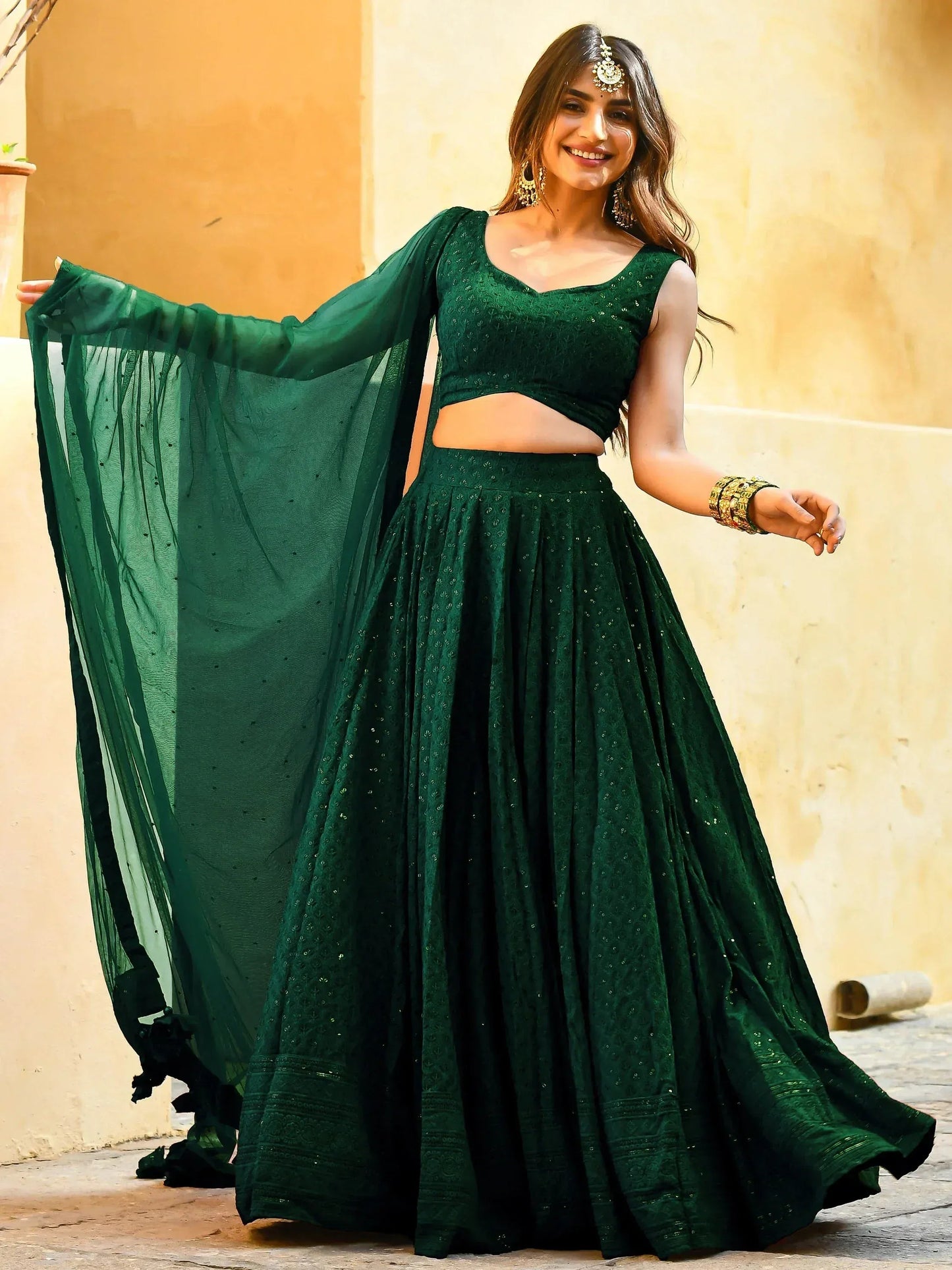 Tulsi Art Incredible Green Sequins Georgette Mehendi Wear Lehenga Choli