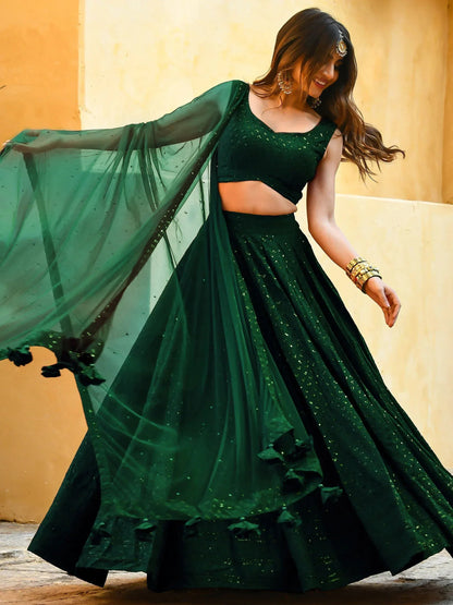 Tulsi Art Incredible Green Sequins Georgette Mehendi Wear Lehenga Choli
