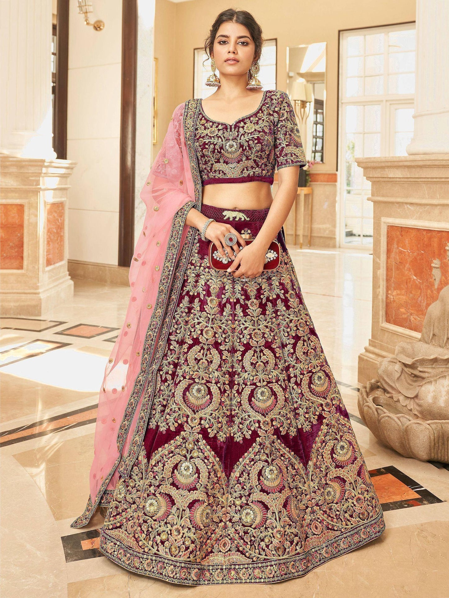 Tulsi Art Incredible Maroon Embroidered Velvet Bridal Wear Lehenga Choli