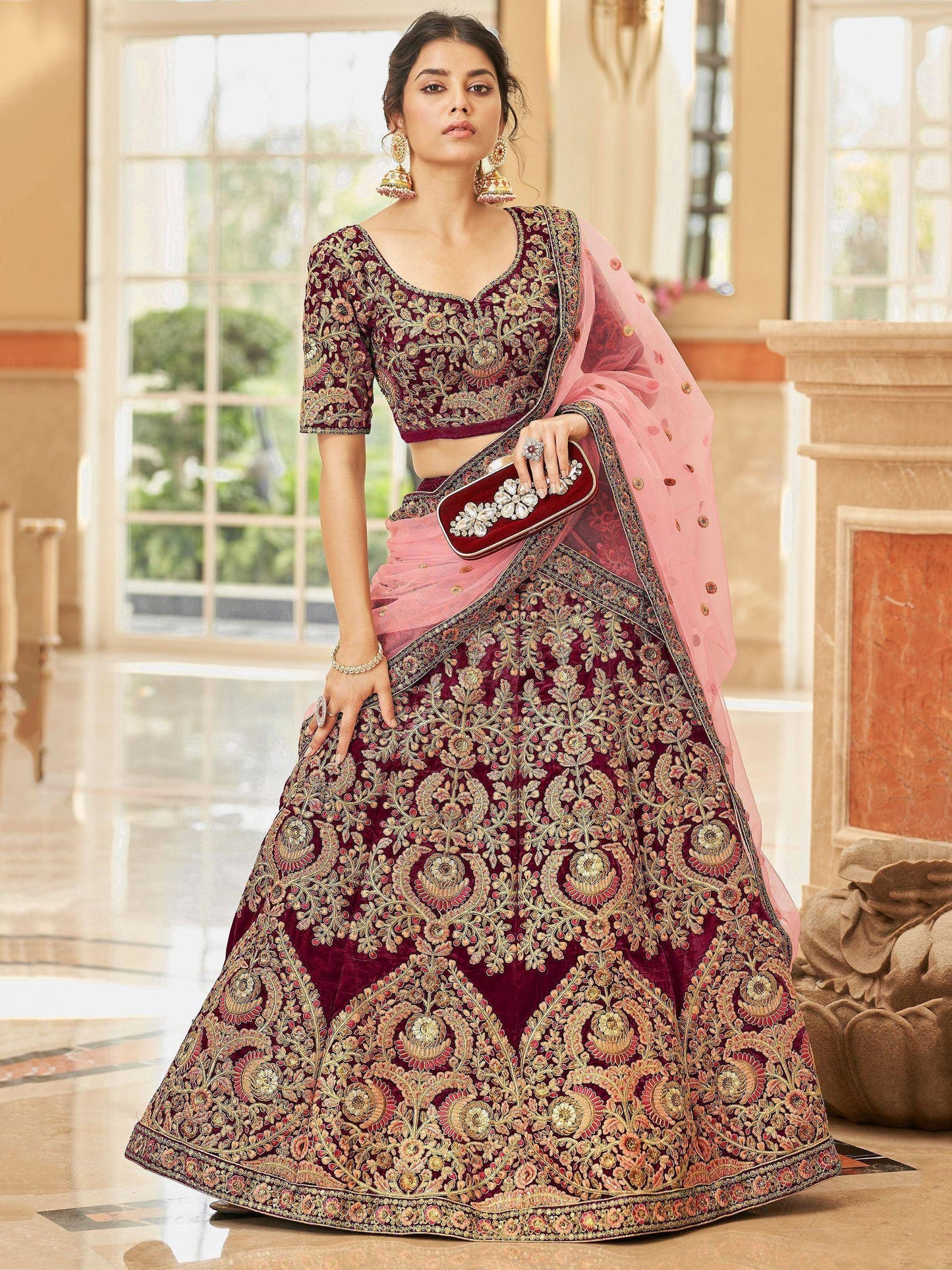 Tulsi Art Incredible Maroon Embroidered Velvet Bridal Wear Lehenga Choli