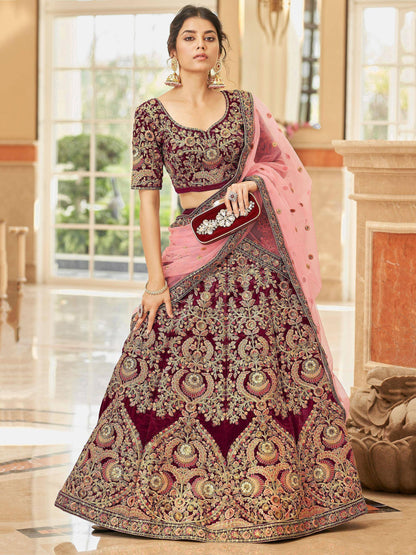 Tulsi Art Incredible Maroon Embroidered Velvet Bridal Wear Lehenga Choli