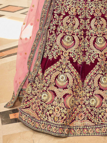 Tulsi Art Incredible Maroon Embroidered Velvet Bridal Wear Lehenga Choli