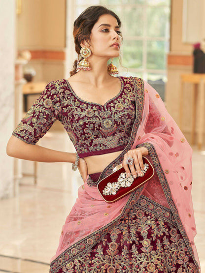 Tulsi Art Incredible Maroon Embroidered Velvet Bridal Wear Lehenga Choli