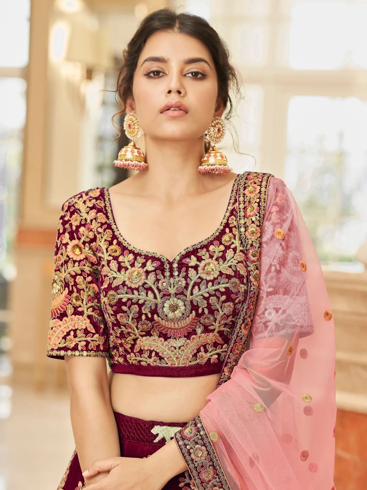 Tulsi Art Incredible Maroon Embroidered Velvet Bridal Wear Lehenga Choli