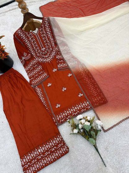 Teeya Creation Womens Trendy Stylish Embroidery Thread Work Orange Kurta Set