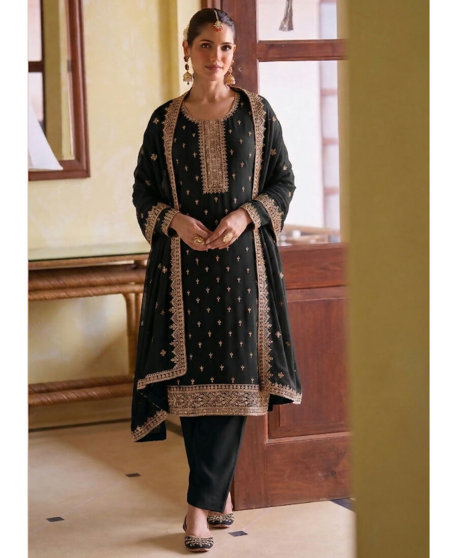 KC Black Georgette Straight Suit With Heavy Embroidery