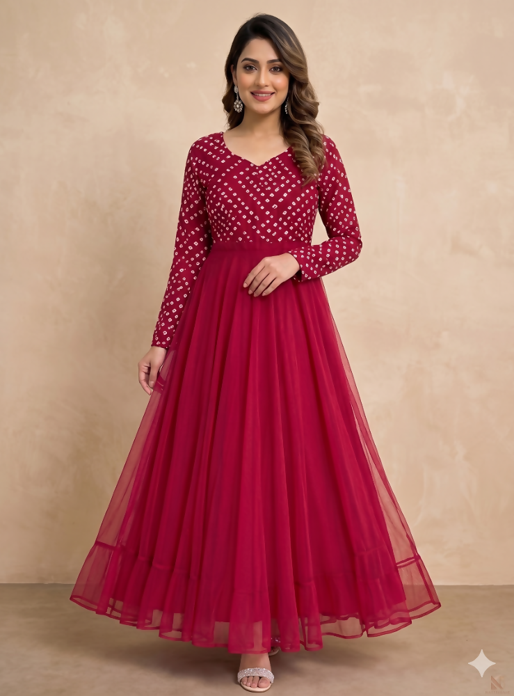 Teeya Creation Women's Pink Bandhani Print Anarkali Gown