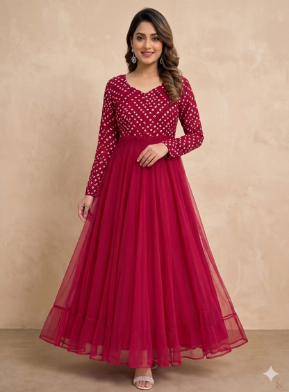 Teeya Creation Women's Pink Bandhani Print Anarkali Gown